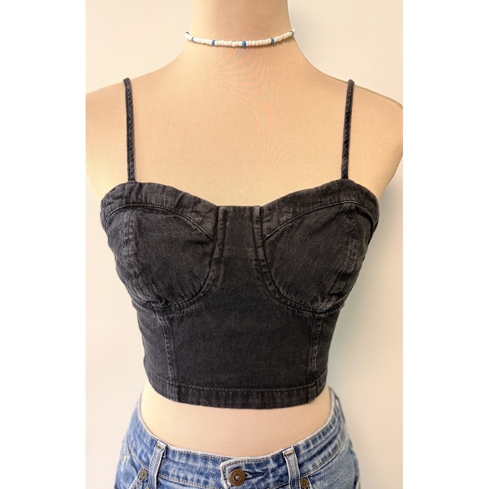Y2K Corset Crop Top Padded Bust Smocked Back Denim Black Fade Indie Sleaze Small